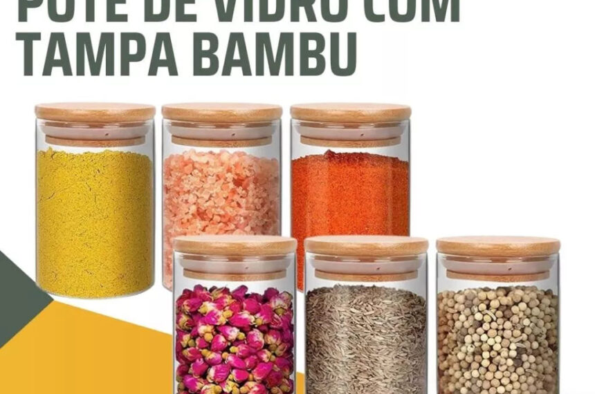 Kit 6 potes de vidro com tampa de bambu herméticos redondos 200ml